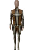 Khaki Fashion Casual Plaid Print Basic Turtleneck Long Sleeve Two Pieces