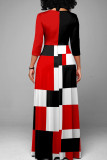 Red Black Casual Elegant Color Lump Print Bandage Patchwork V Neck Straight Dresses