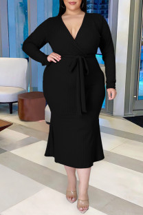 Black Fashion Casual Solid With Belt V Neck Long Sleeve Plus Size Dresses