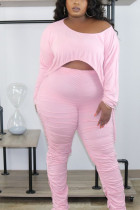 Pink Sexy Solid Draw String Fold O Neck Long Sleeve Regular Sleeve Longer In The Rear Two Pieces