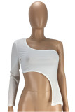 White Sexy Casual Solid Backless Asymmetrical Oblique Collar Tops