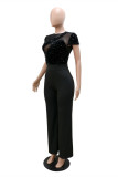 Black Fashion Casual Patchwork Sequins See-through O Neck Regular Jumpsuits