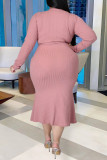 Pink Fashion Casual Solid With Belt V Neck Long Sleeve Plus Size Dresses