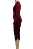 Burgundy Sexy Solid Split Joint Fold V Neck Pencil Skirt Dresses
