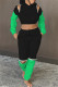 Black Green Fashion Casual Patchwork Hollowed Out Zipper Hooded Collar Long Sleeve Two Pieces