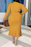 Burgundy Fashion Casual Solid With Belt V Neck Long Sleeve Plus Size Dresses