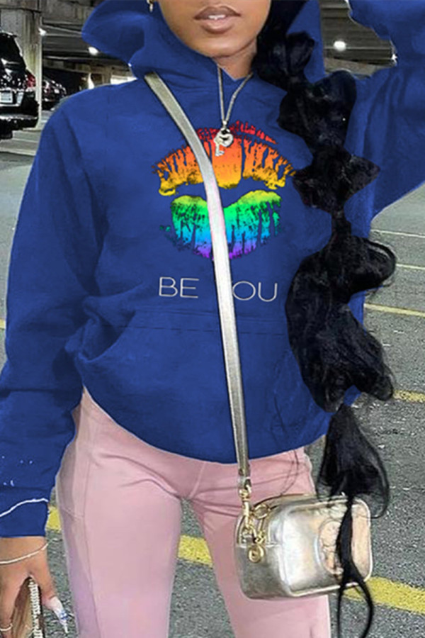 Blue Fashion Casual Lips Printed Basic Hooded Collar Tops