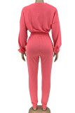 Pink Casual Solid Patchwork O Neck Long Sleeve Two Pieces