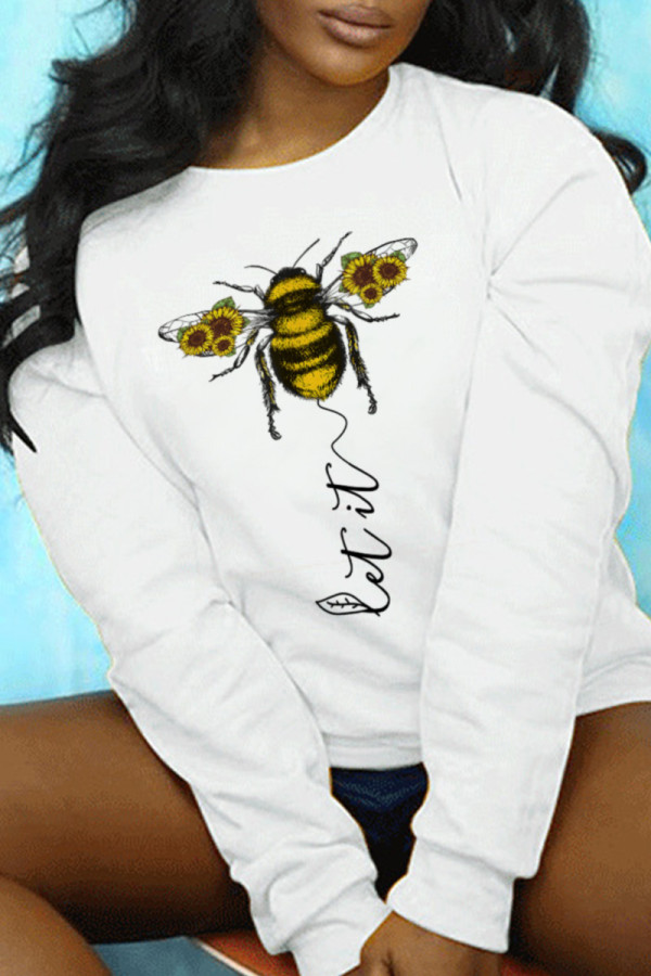 White Casual Street Print Patchwork O Neck Tops