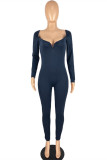 Navy Fashion Casual Solid Basic V Neck Skinny Jumpsuits