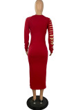 Blue Fashion Casual Letter Print Ripped O Neck Long Sleeve Dresses