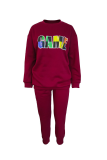 Burgundy Street Print Letter O Neck Long Sleeve Two Pieces