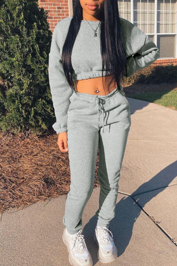Grey Casual Solid Patchwork O Neck Long Sleeve Two Pieces
