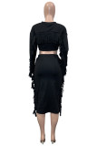 Camel Fashion Casual Solid Tassel Patchwork O Neck Three Quarter Two Pieces