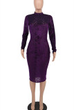 Purple Fashion Casual Print Basic Half A Turtleneck Long Sleeve Dresses