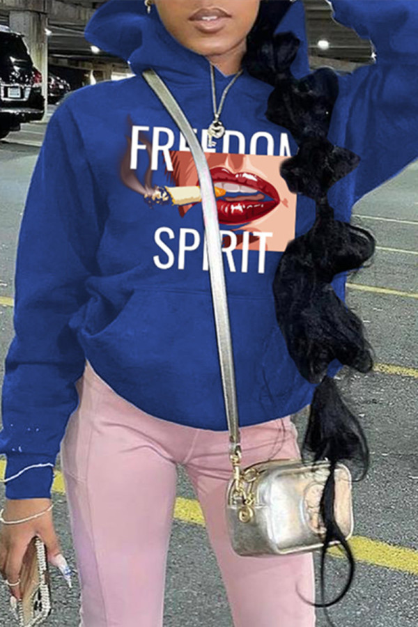 Blue Fashion Casual Print Basic Hooded Collar Tops