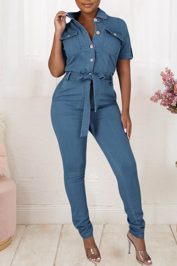 Light Blue Fashion Casual Solid Patchwork With Belt Turndown Collar Regular Jumpsuits