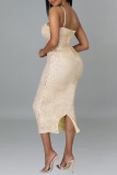 Apricot Fashion Sexy Patchwork Sequins Backless Slit Spaghetti Strap Long Dress