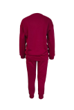 Burgundy Street Print Letter O Neck Long Sleeve Two Pieces