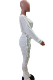 White Sexy Solid Draw String Fold O Neck Long Sleeve Regular Sleeve Longer In The Rear Two Pieces