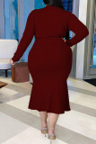 Burgundy Fashion Casual Solid With Belt V Neck Long Sleeve Plus Size Dresses