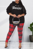 Black Casual Print Patchwork Hooded Collar Tops