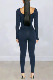 Navy Fashion Casual Solid Basic V Neck Skinny Jumpsuits