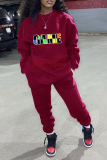 Burgundy Street Print Letter O Neck Long Sleeve Two Pieces