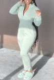 Green Fashion Casual Solid Patchwork Zipper Collar Regular Jumpsuits