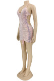 Pink Fashion Sexy Patchwork Bandage Sequins Backless Halter Sleeveless Dress