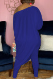 Blue Casual Print Patchwork Asymmetrical Oblique Collar Nine Points Sleeve Two Pieces
