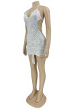 Pink Fashion Sexy Patchwork Bandage Sequins Backless Halter Sleeveless Dress