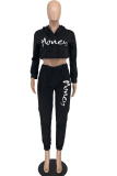 Black Casual Print Patchwork Hooded Collar Long Sleeve Two Pieces