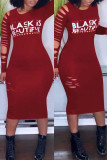 Blue Fashion Casual Letter Print Ripped O Neck Long Sleeve Dresses