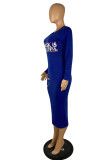 Blue Fashion Casual Letter Print Ripped O Neck Long Sleeve Dresses