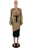 Red Fashion Casual Patchwork With Belt Long Sleeve Two Pieces