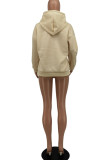 Beige Casual Print Patchwork Hooded Collar Tops