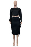 Camel Fashion Casual Solid Tassel Patchwork O Neck Three Quarter Two Pieces