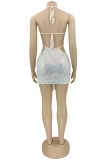 Pink Fashion Sexy Patchwork Bandage Sequins Backless Halter Sleeveless Dress