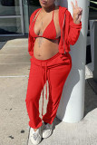 Red Casual Solid Patchwork Zipper Hooded Collar Long Sleeve Three Pieces