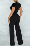 Black Fashion Casual Patchwork Sequins See-through O Neck Regular Jumpsuits