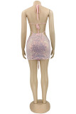 Pink Fashion Sexy Patchwork Bandage Sequins Backless Halter Sleeveless Dress