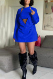 Blue Sexy Solid Patchwork V Neck Long Sleeve Two Pieces