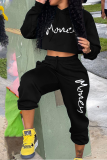 Black Casual Print Patchwork Hooded Collar Long Sleeve Two Pieces