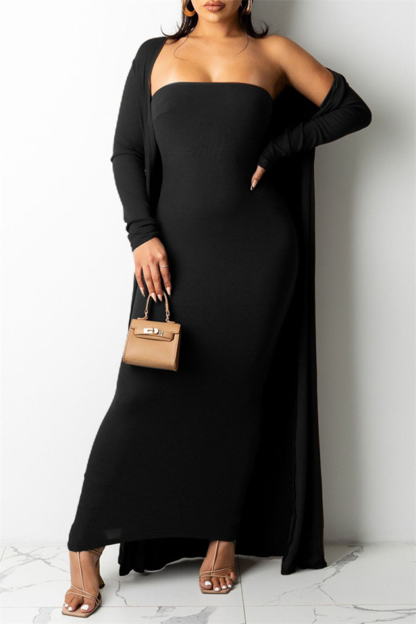 Black Fashion Sexy Solid Cardigan Long Sleeve Two Pieces