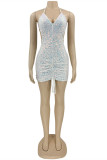 Pink Fashion Sexy Patchwork Bandage Sequins Backless Halter Sleeveless Dress