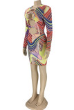 Multicolor Sexy Print Hollowed Out Patchwork O Neck Pencil Skirt Dresses