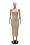 Apricot Fashion Sexy Patchwork Sequins Backless Slit Spaghetti Strap Long Dress