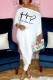 White Casual Print Patchwork Asymmetrical Oblique Collar Nine Points Sleeve Two Pieces