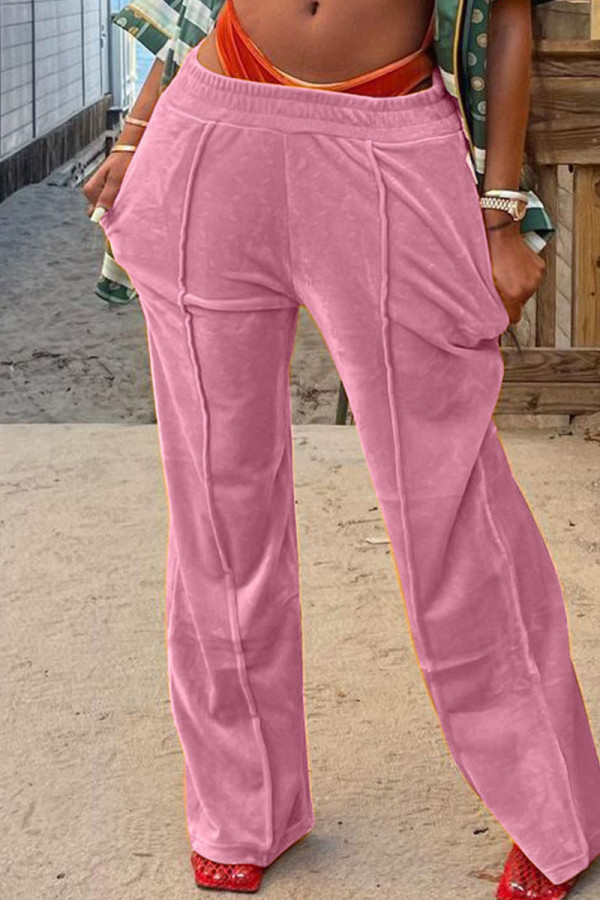 Pink Casual Solid Patchwork Straight High Waist Straight Solid Color Bottoms